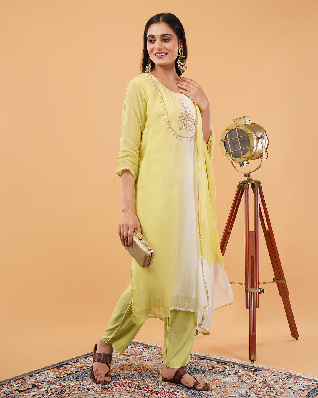 Lime Ombre Embroidered 3-Piece Suit with Dupatta