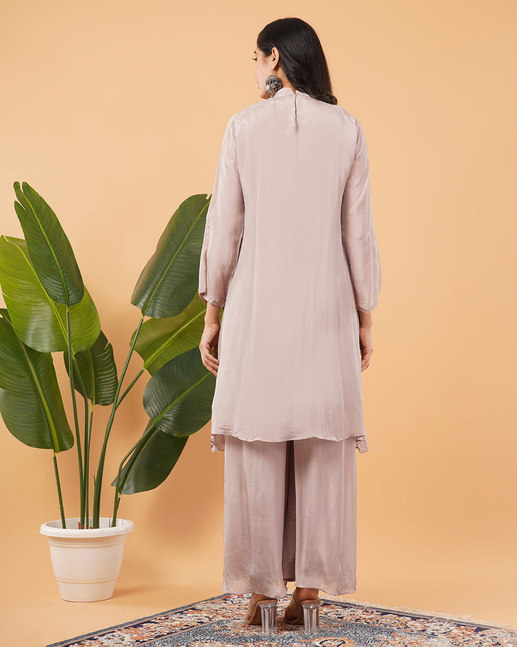Dusty Mauve Embroidered A-Line Kurta Set with Palazzo Pants