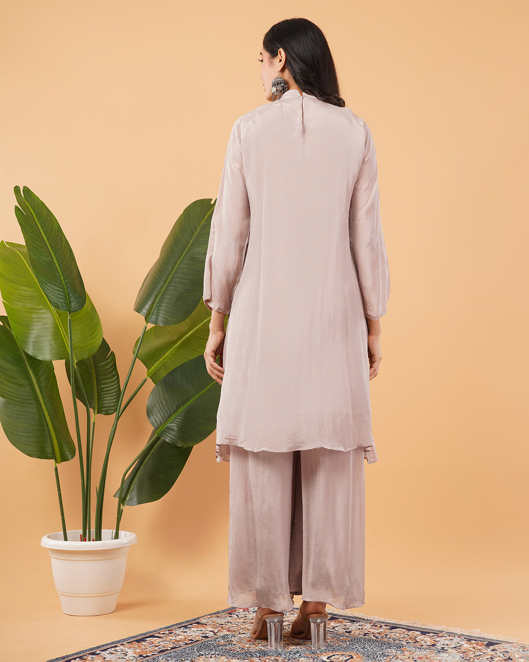 Dusty Mauve Embroidered A-Line Kurta Set with Palazzo Pants