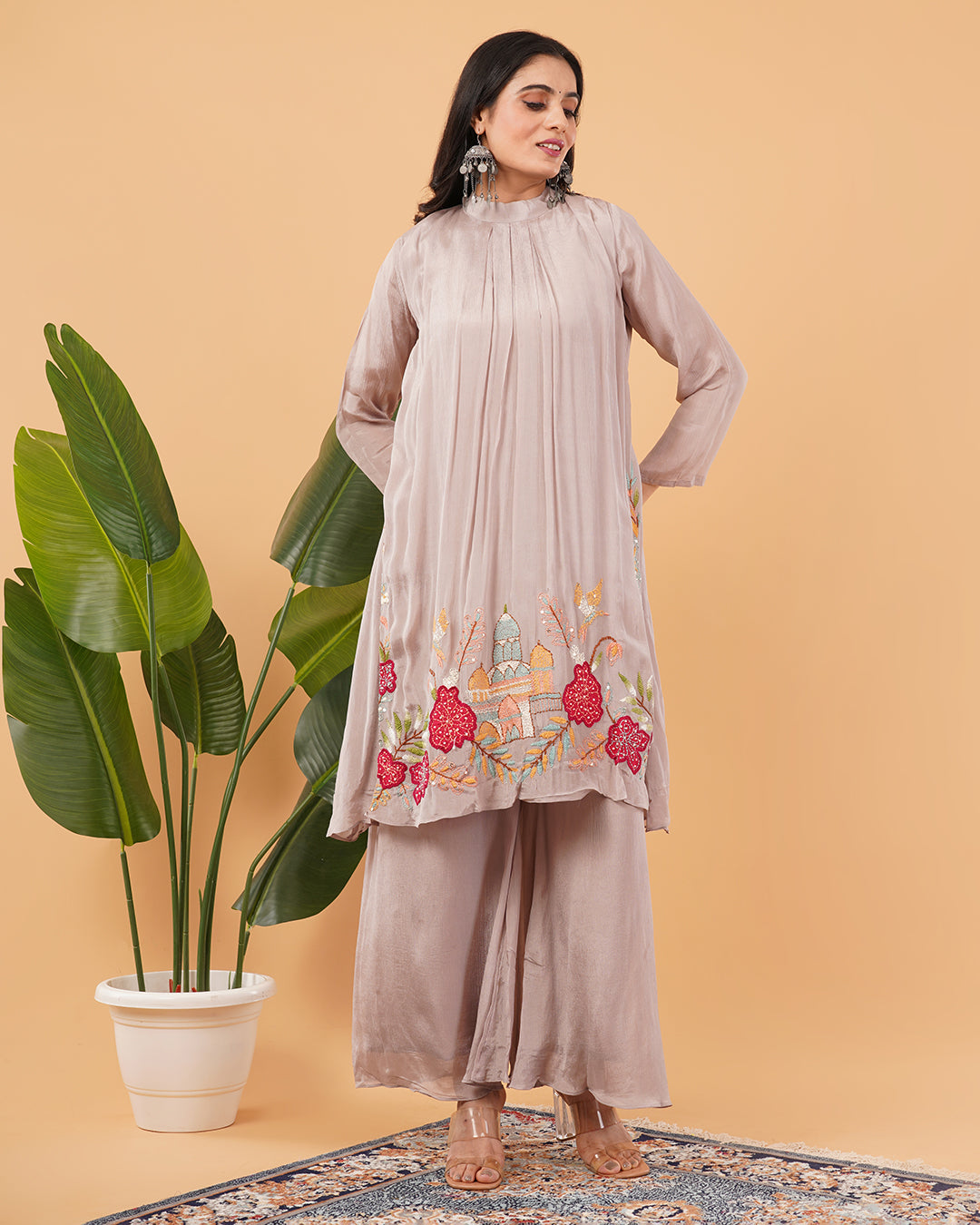 Dusty Mauve Embroidered A-Line Kurta Set with Palazzo Pants