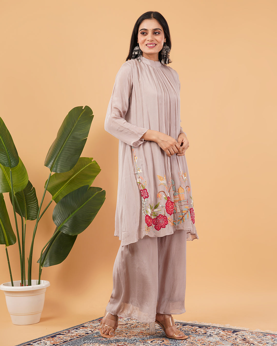 Dusty Mauve Embroidered A-Line Kurta Set with Palazzo Pants
