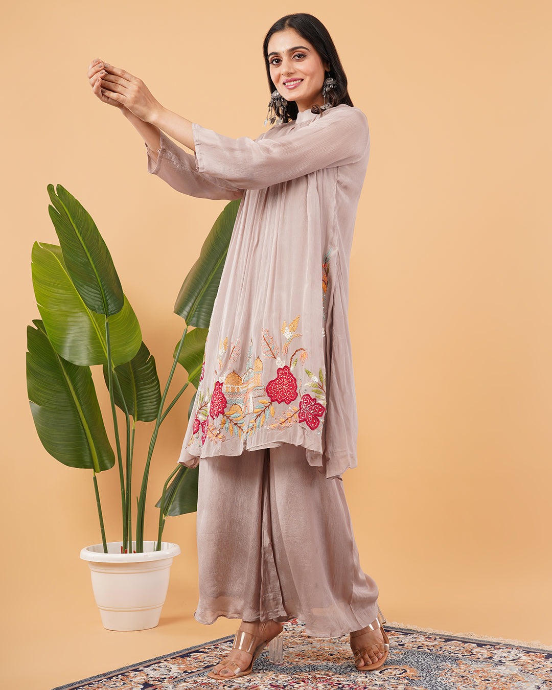 Dusty Mauve Embroidered A-Line Kurta Set with Palazzo Pants
