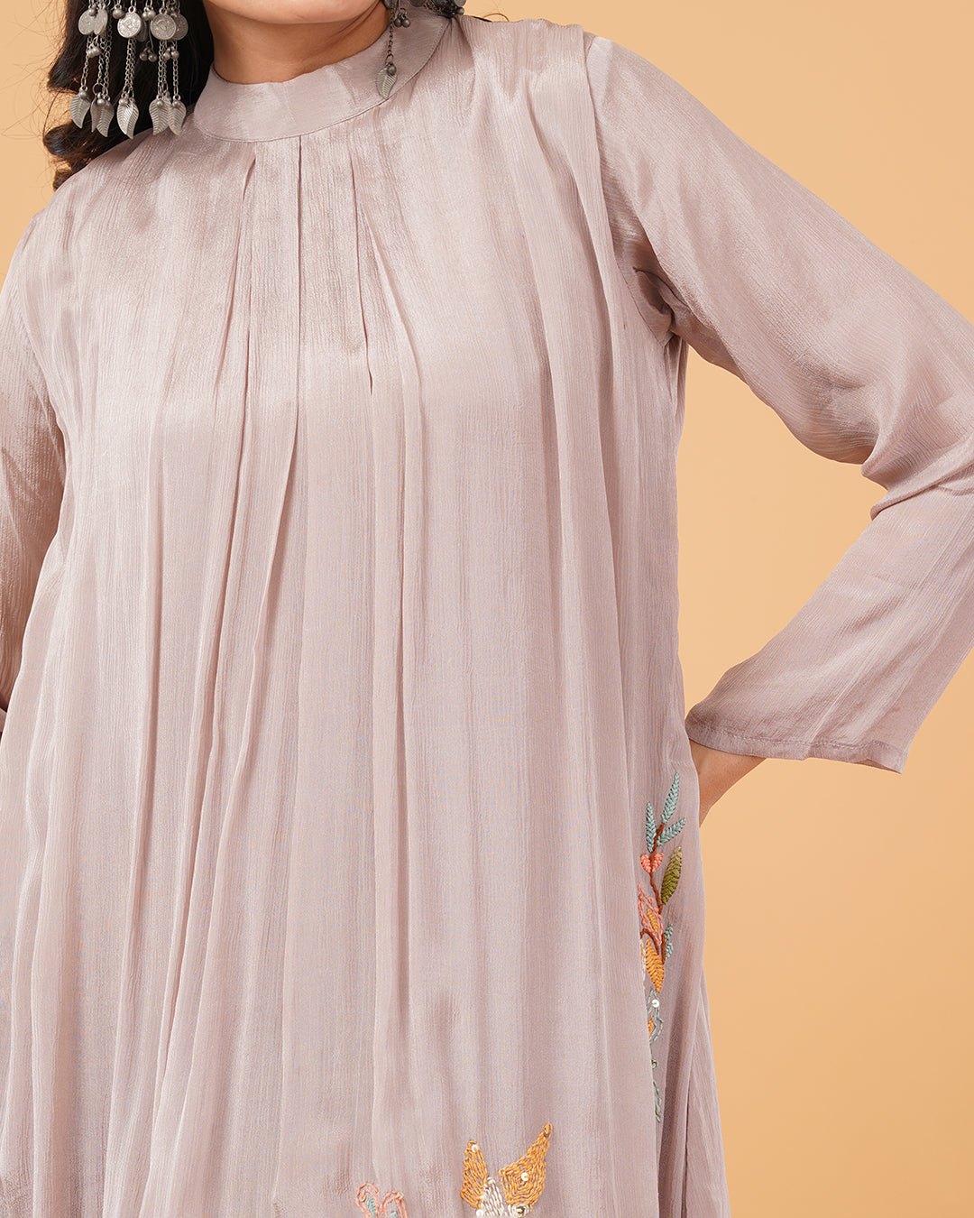 Dusty Mauve Embroidered A-Line Kurta Set with Palazzo Pants