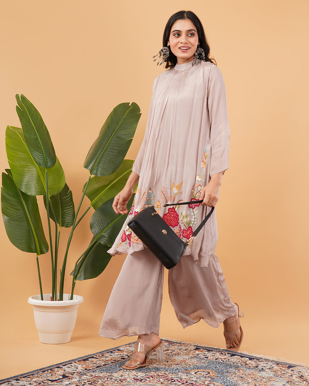 Dusty Mauve Embroidered A-Line Kurta Set with Palazzo Pants