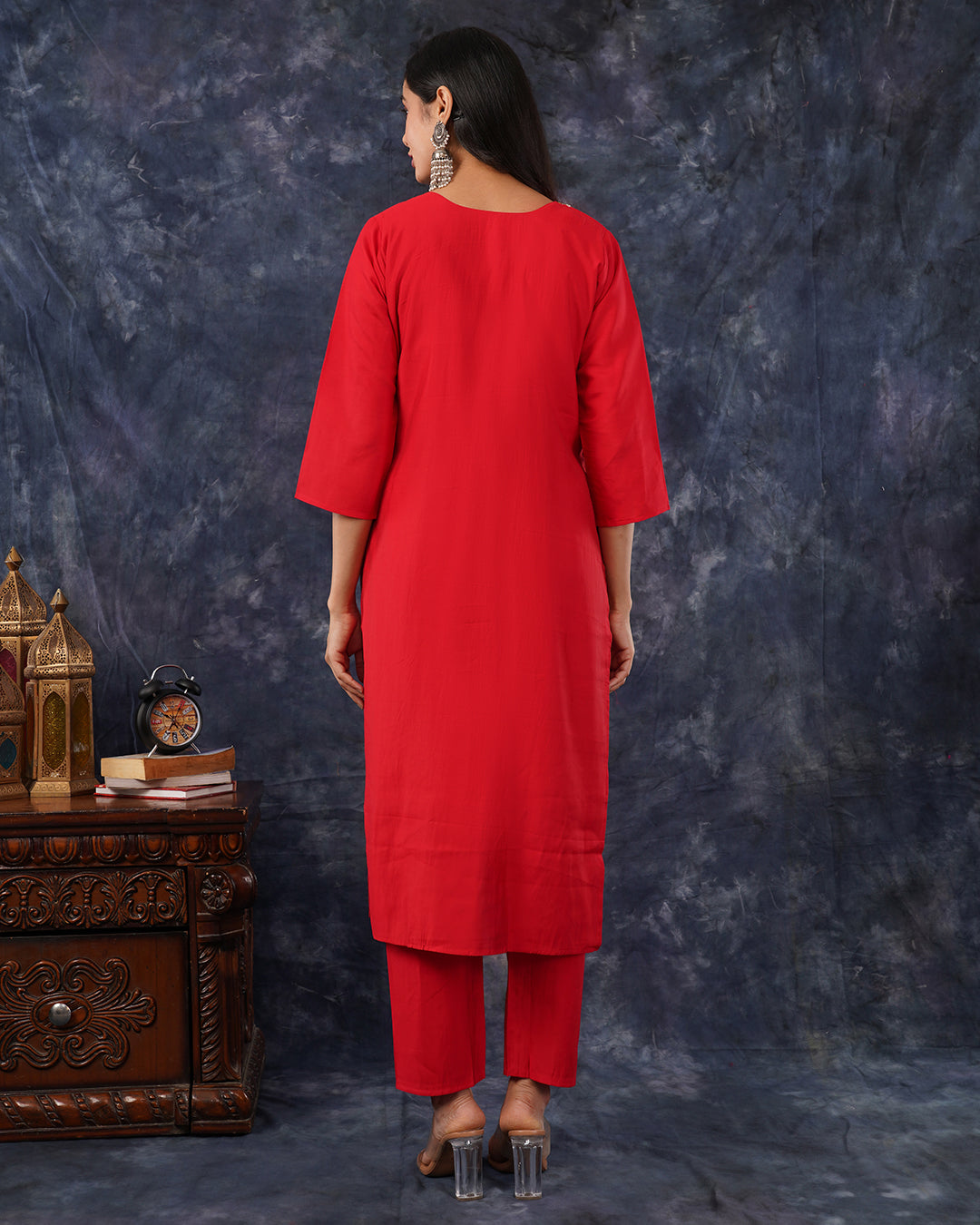 Red V-Neck Embroidered Kurta Set with Digital-Print Dupatta