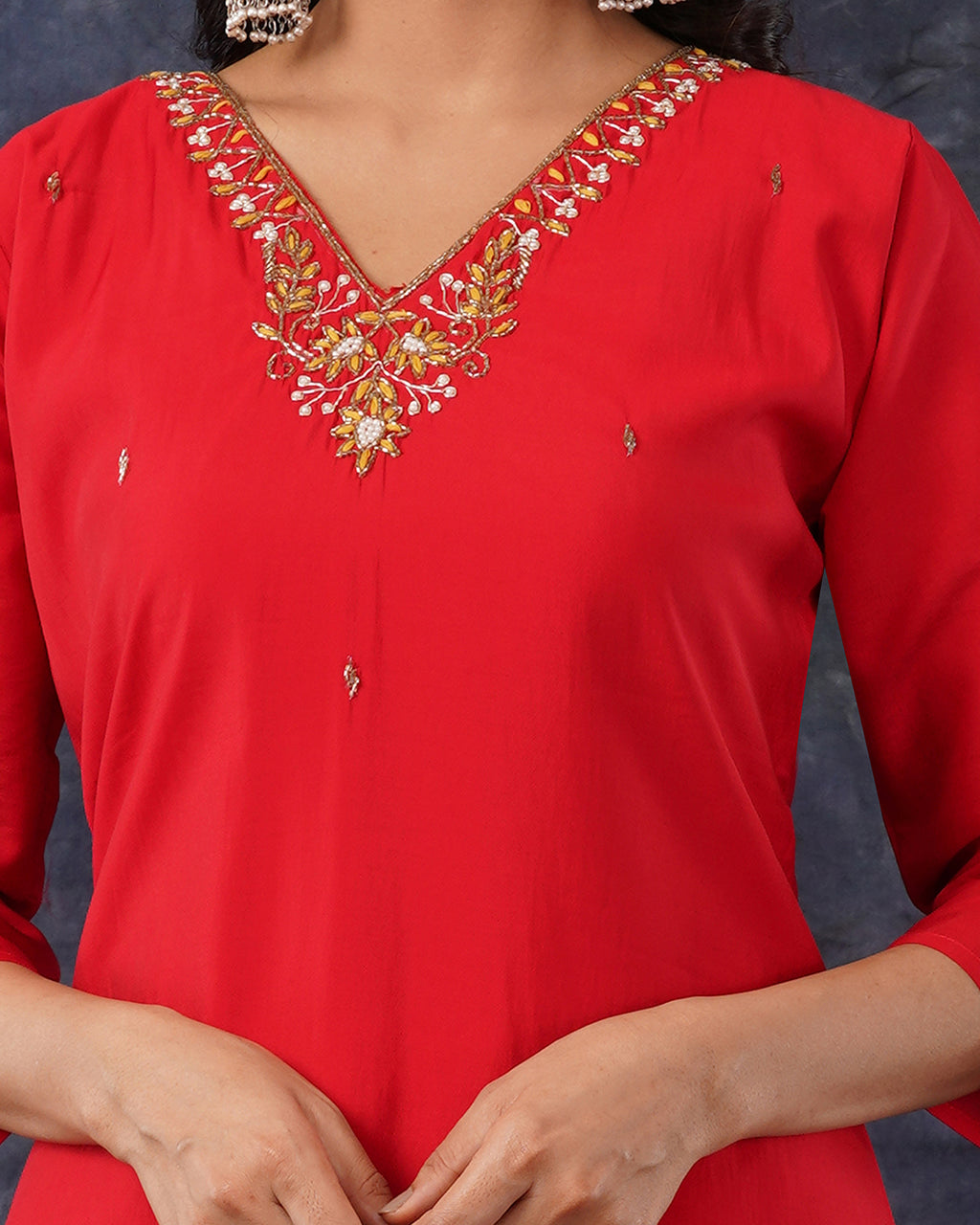 Red V-Neck Embroidered Kurta Set with Digital-Print Dupatta