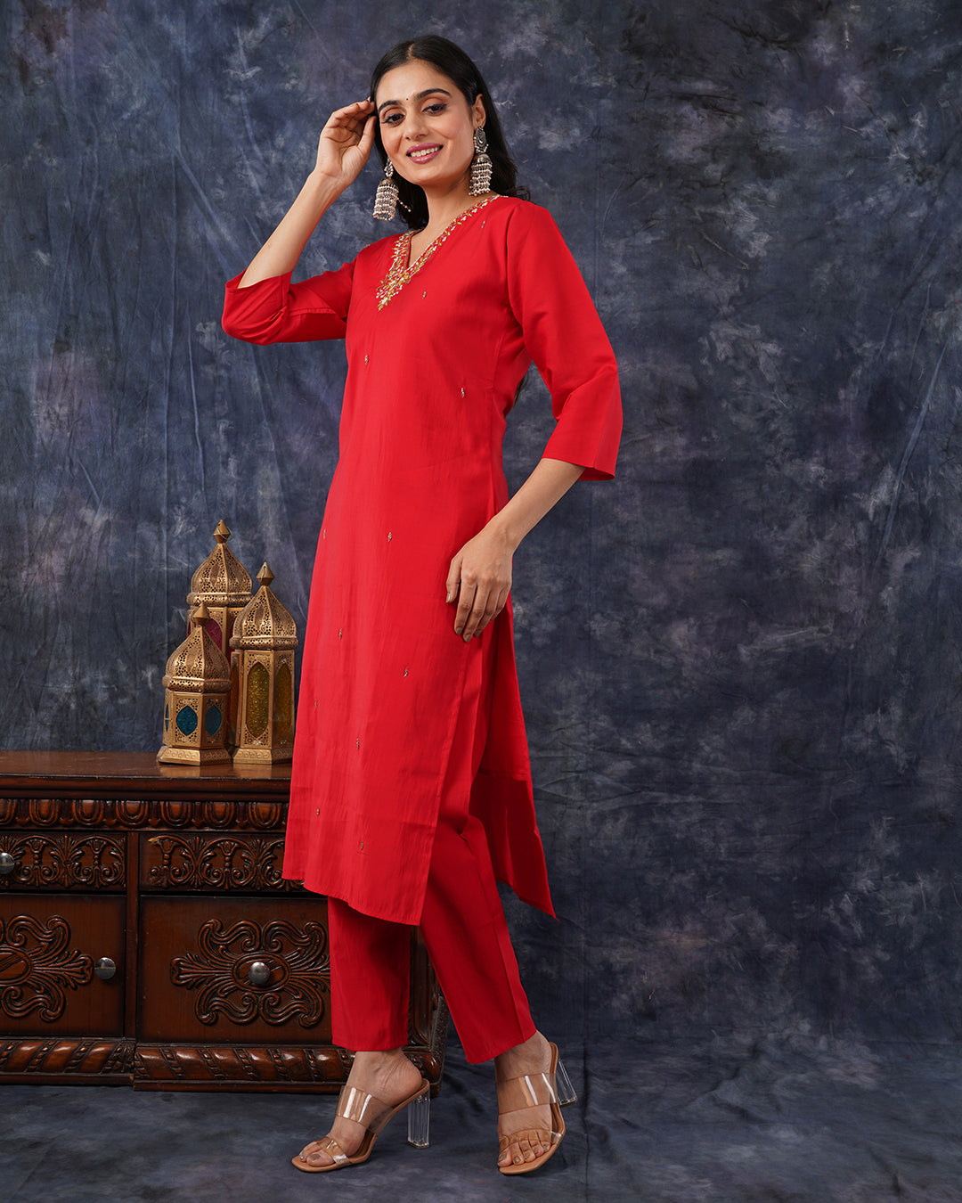 Red V-Neck Embroidered Kurta Set with Digital-Print Dupatta