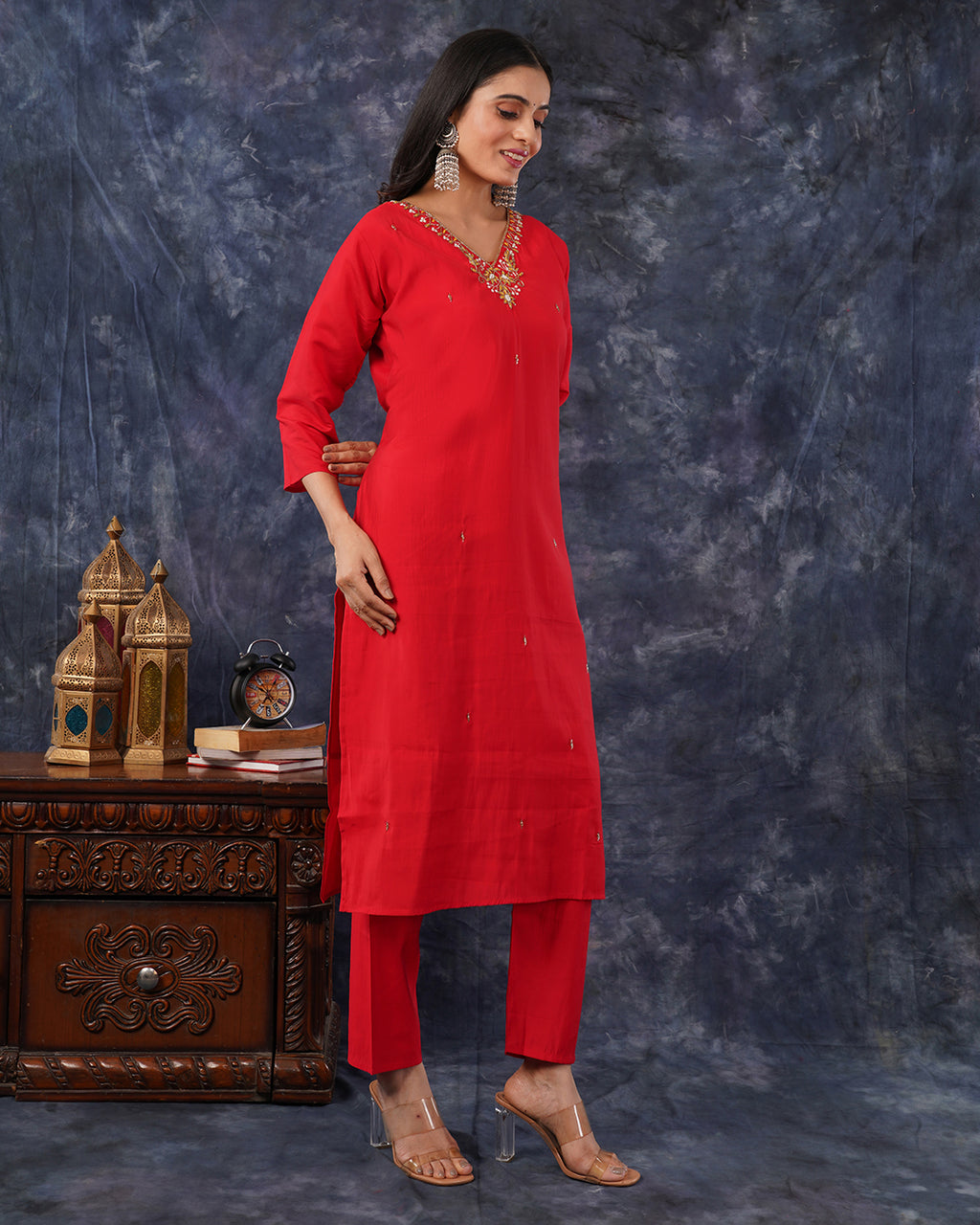 Red V-Neck Embroidered Kurta Set with Digital-Print Dupatta