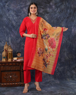 Red V-Neck Embroidered Kurta Set with Digital-Print Dupatta