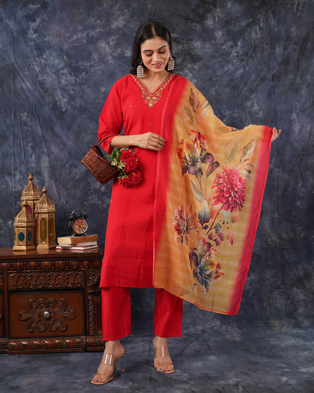 Red V-Neck Embroidered Kurta Set with Digital-Print Dupatta