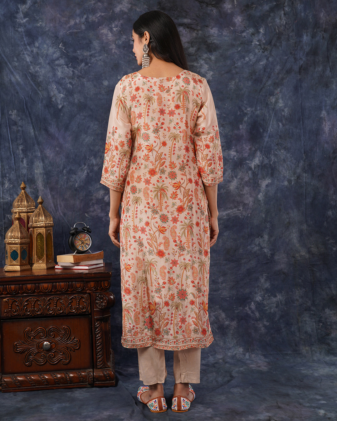 Peach Beige Floral Embroidered 3-Piece