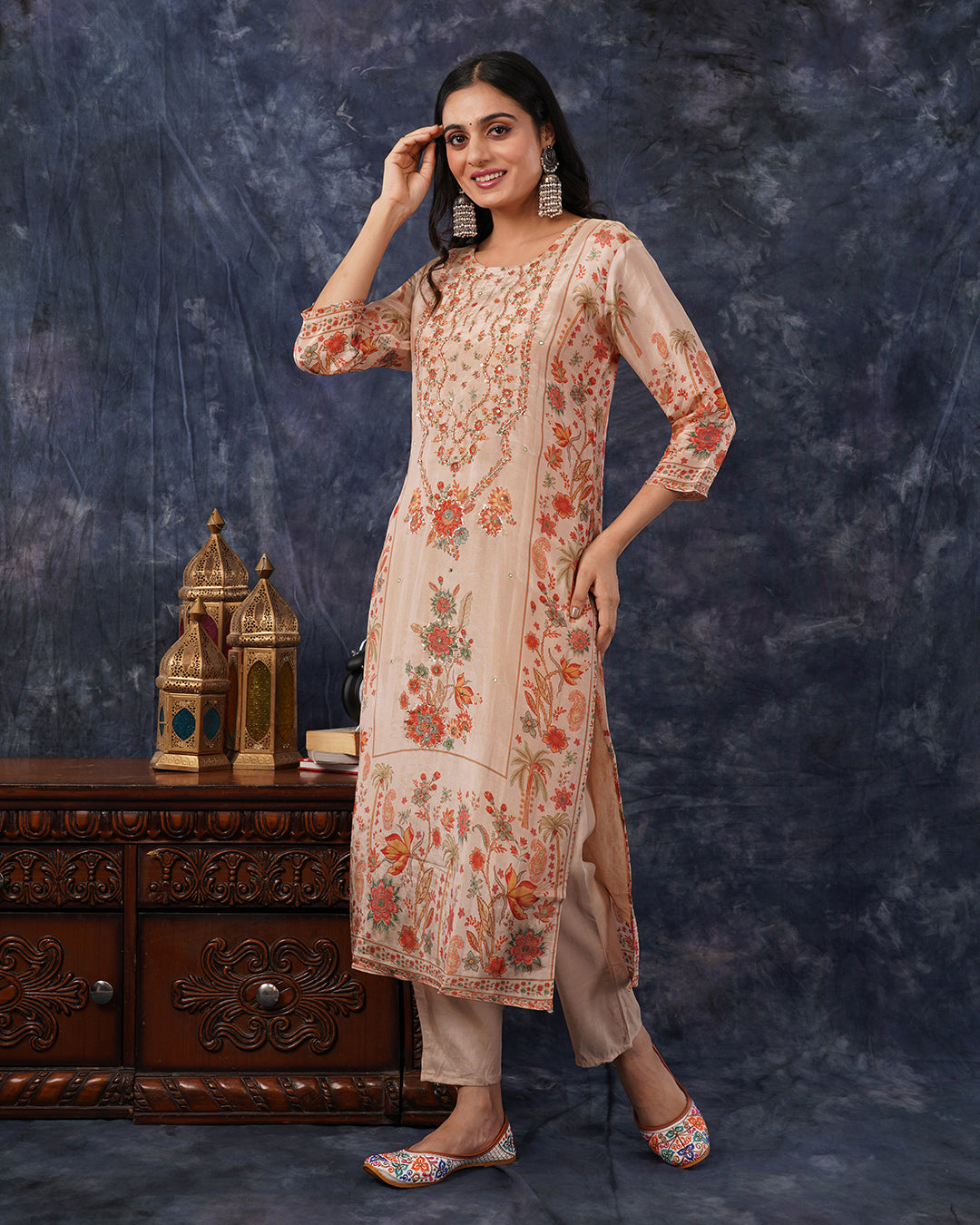 Peach Beige Floral Embroidered 3-Piece