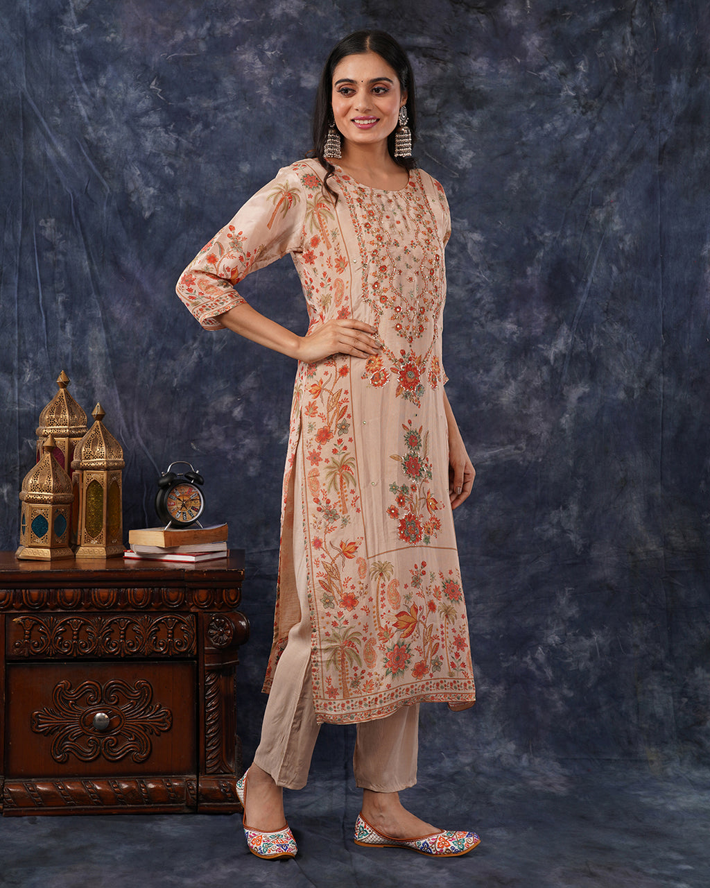 Peach Beige Floral Embroidered 3-Piece