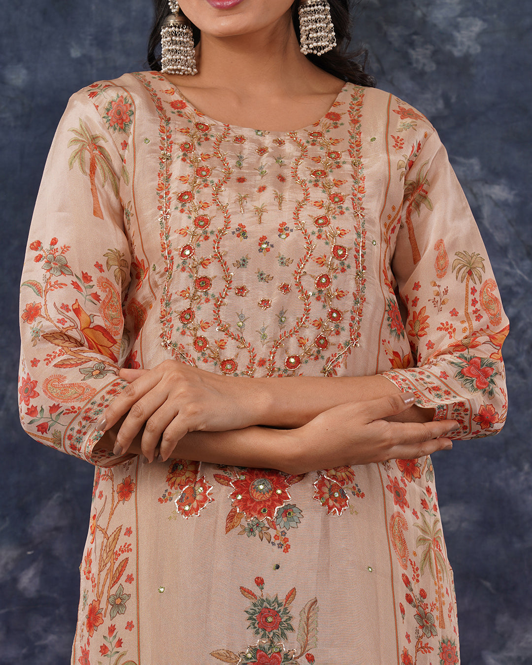 Peach Beige Floral Embroidered 3-Piece