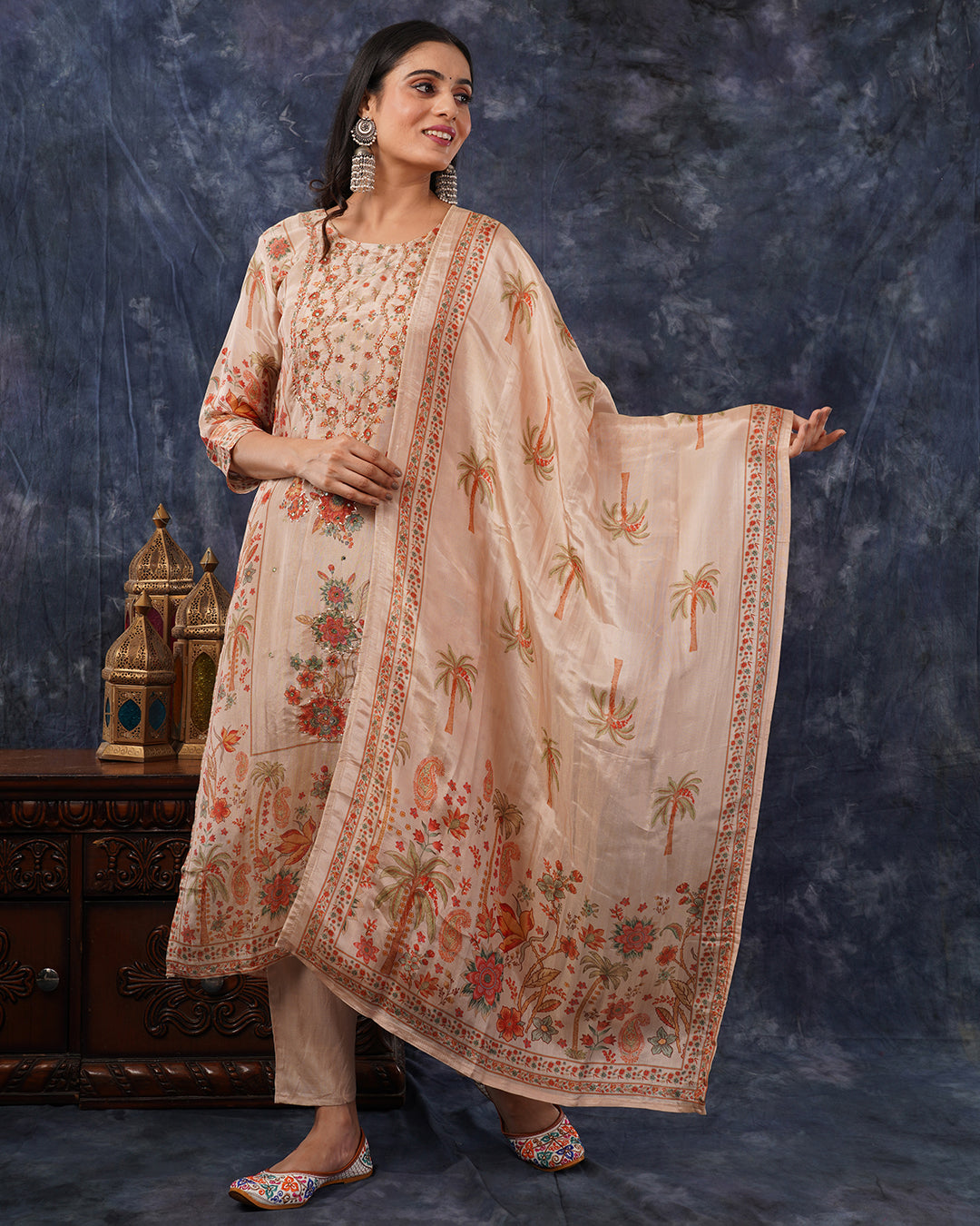 Peach Beige Floral Embroidered 3-Piece