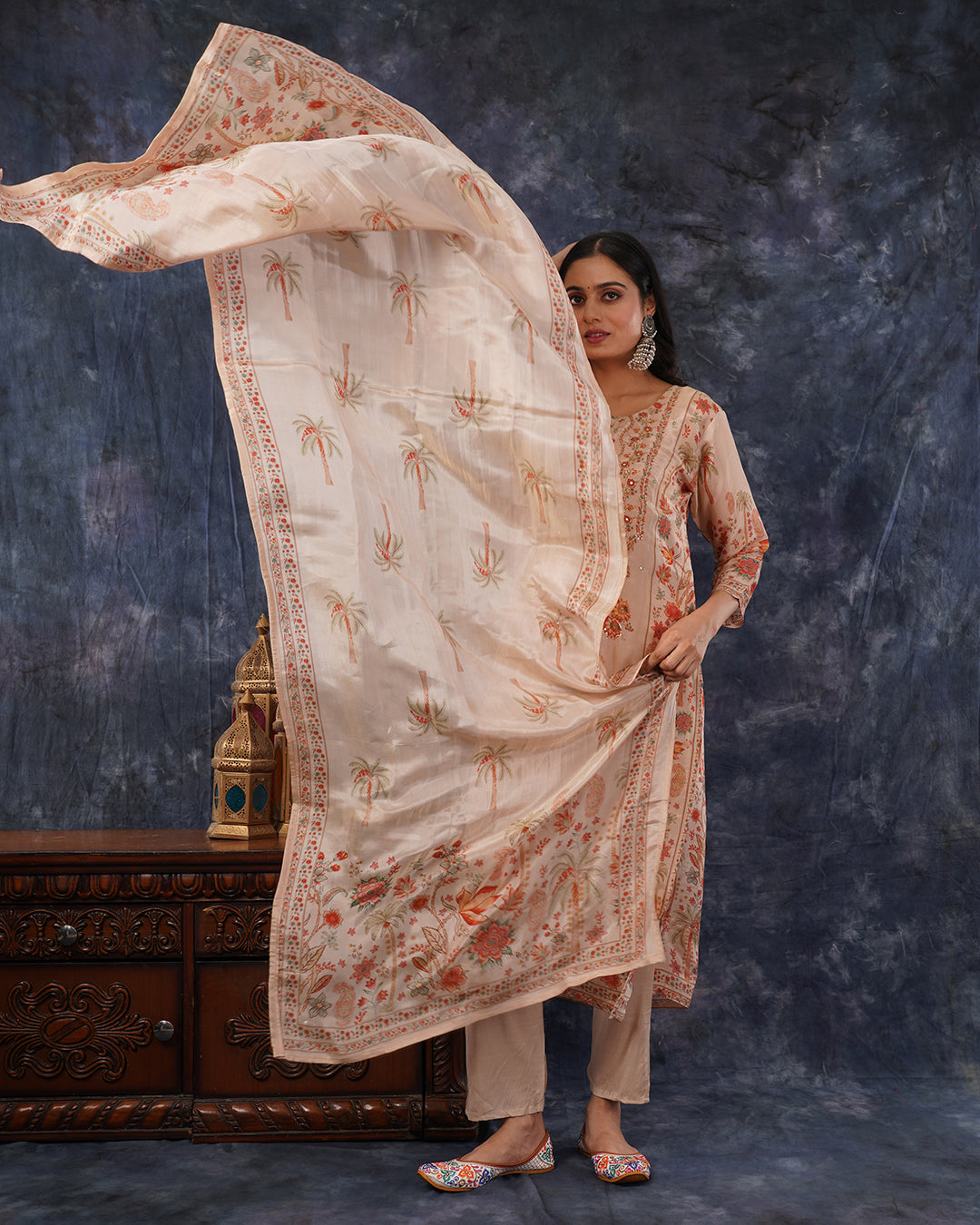 Peach Beige Floral Embroidered 3-Piece