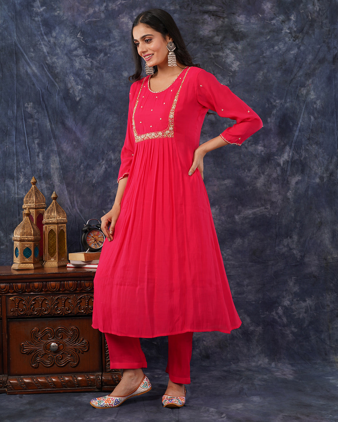 Rani Pink Mul Chanderi Embroidered 3-Piece Anarkali Suit Set
