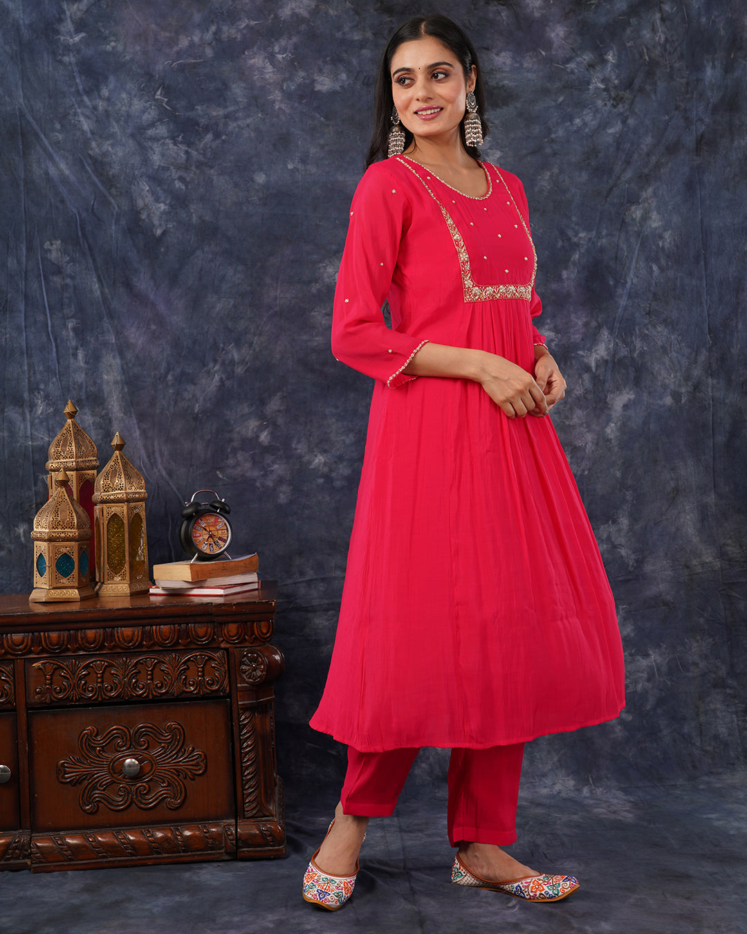 Rani Pink Mul Chanderi Embroidered 3-Piece Anarkali Suit Set