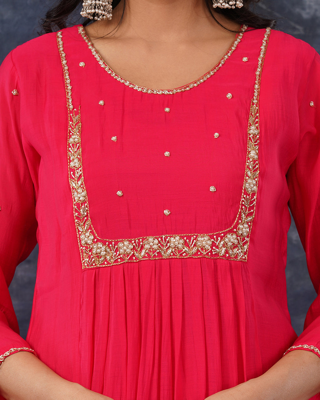 Rani Pink Mul Chanderi Embroidered 3-Piece Anarkali Suit Set