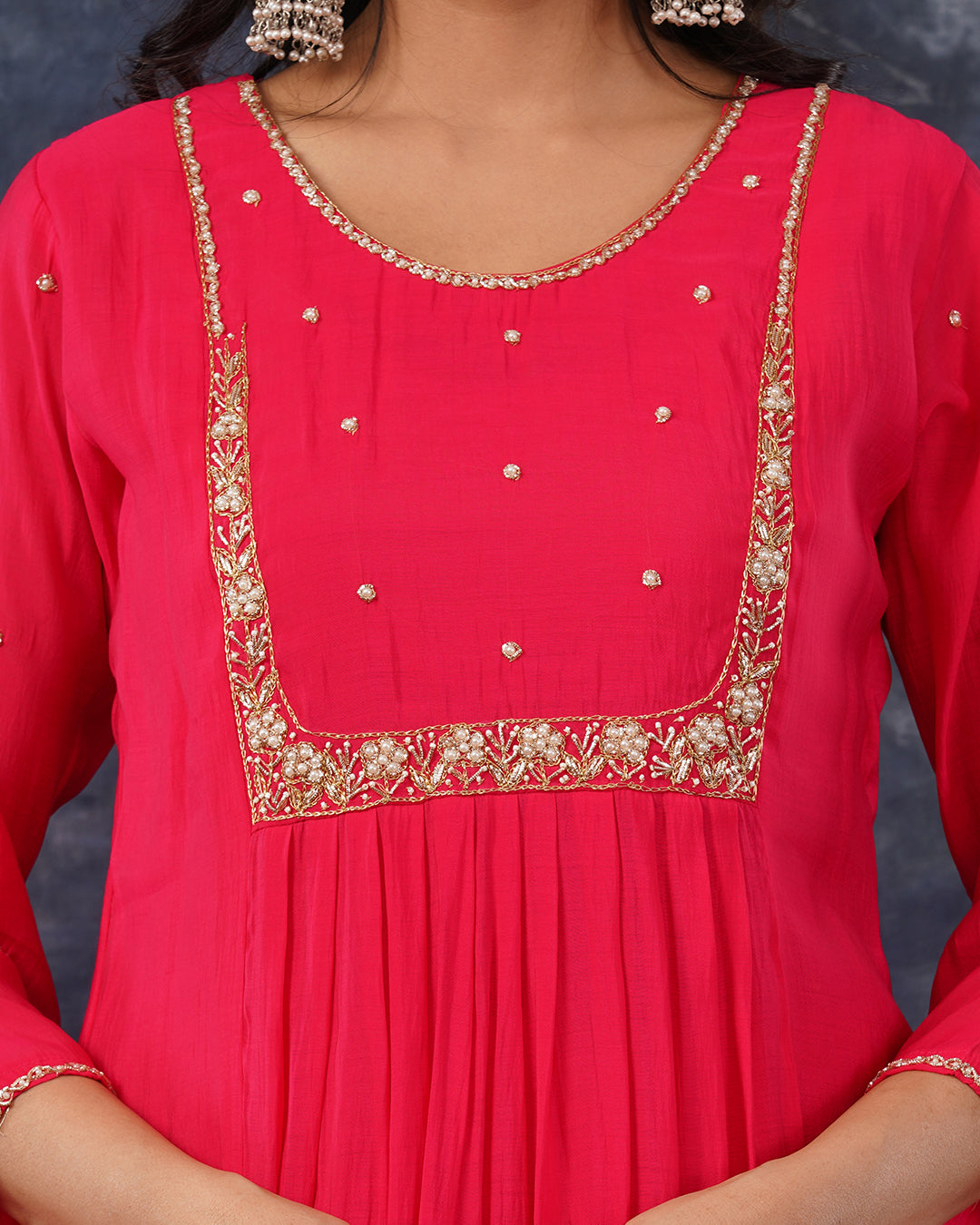 Rani Pink Mul Chanderi Embroidered 3-Piece Anarkali Suit Set