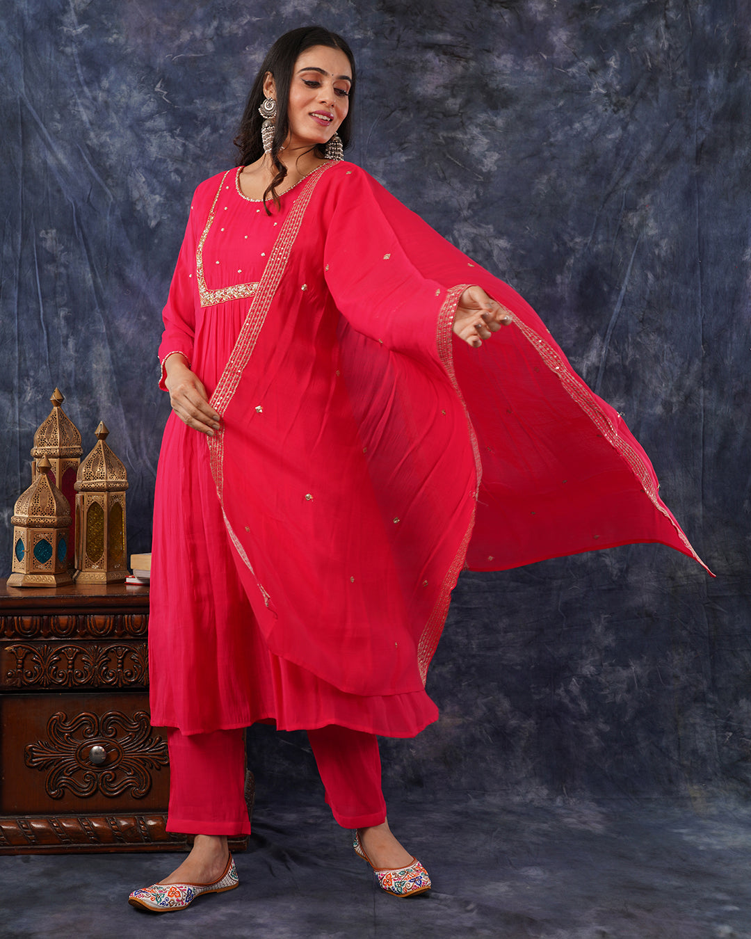 Rani Pink Mul Chanderi Embroidered 3-Piece Anarkali Suit Set