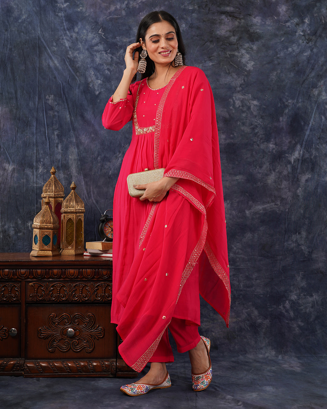 Rani Pink Mul Chanderi Embroidered 3-Piece Anarkali Suit Set