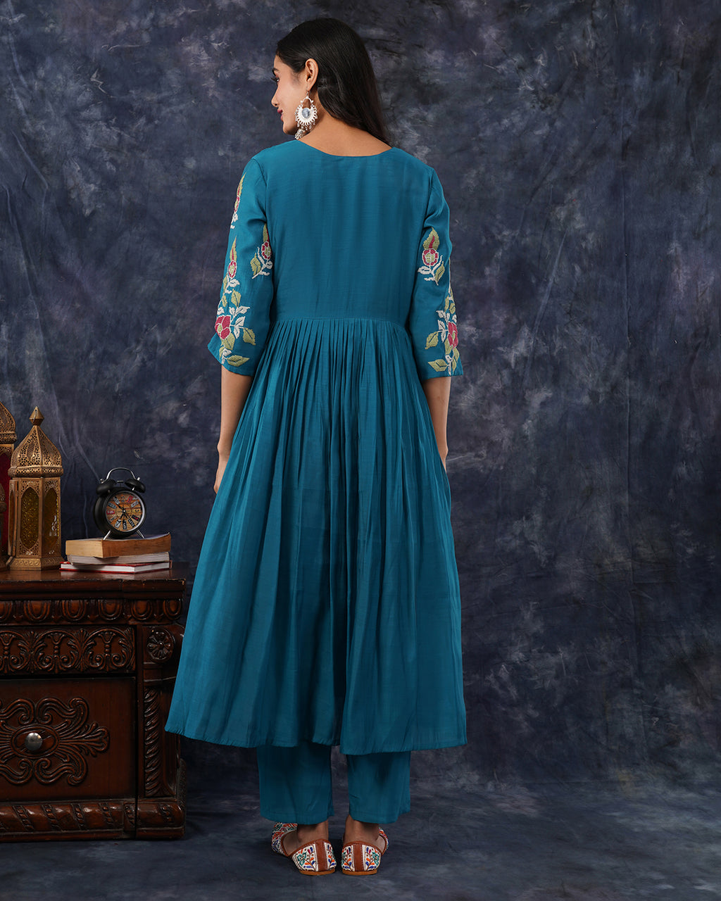 Teal Blue Embroidered 3-Piece Anarkali Suit Set