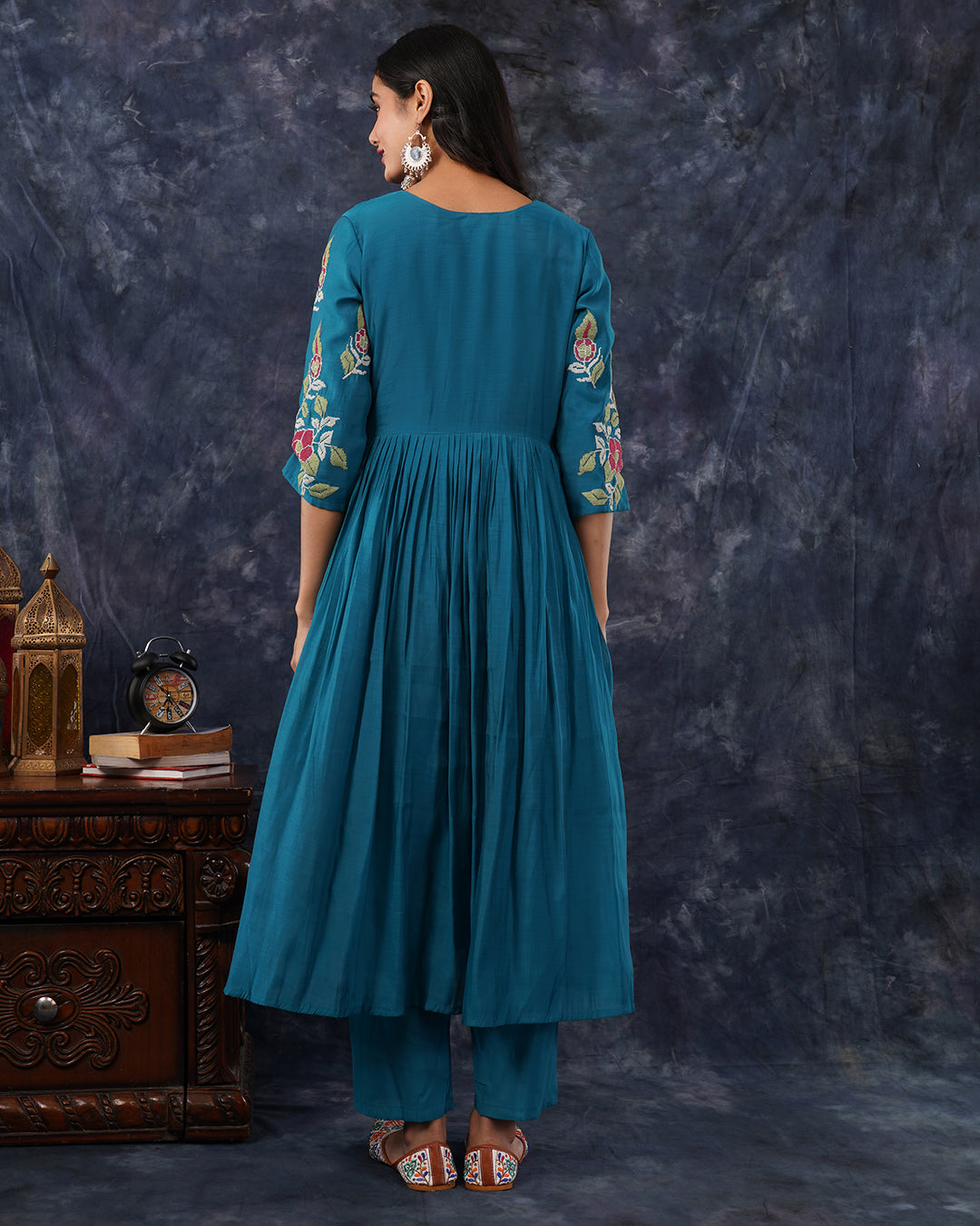 Teal Blue Embroidered 3-Piece Anarkali Suit Set