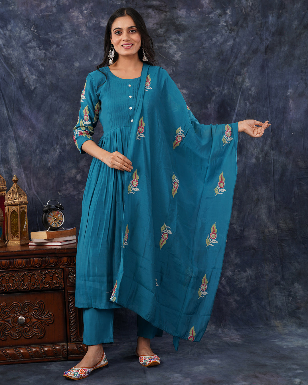 Teal Blue Embroidered 3-Piece Anarkali Suit Set