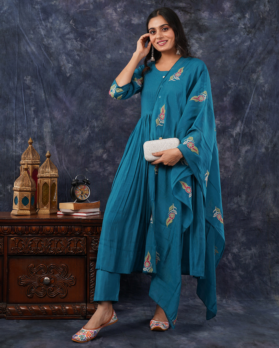 Teal Blue Embroidered 3-Piece Anarkali Suit Set