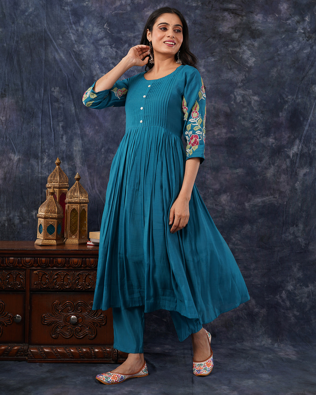 Teal Blue Embroidered 3-Piece Anarkali Suit Set