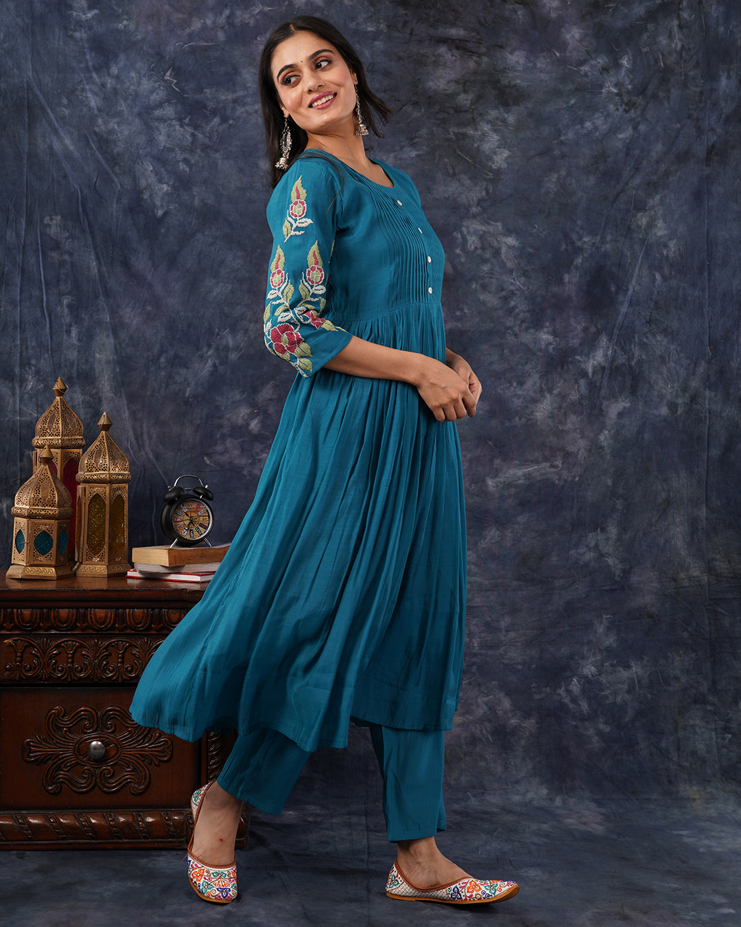 Teal Blue Embroidered 3-Piece Anarkali Suit Set