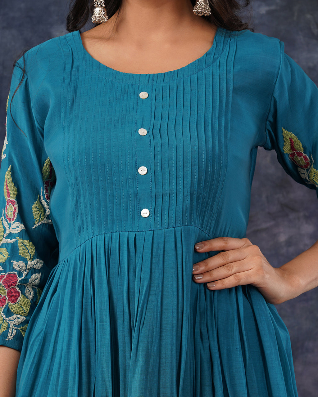 Teal Blue Embroidered 3-Piece Anarkali Suit Set