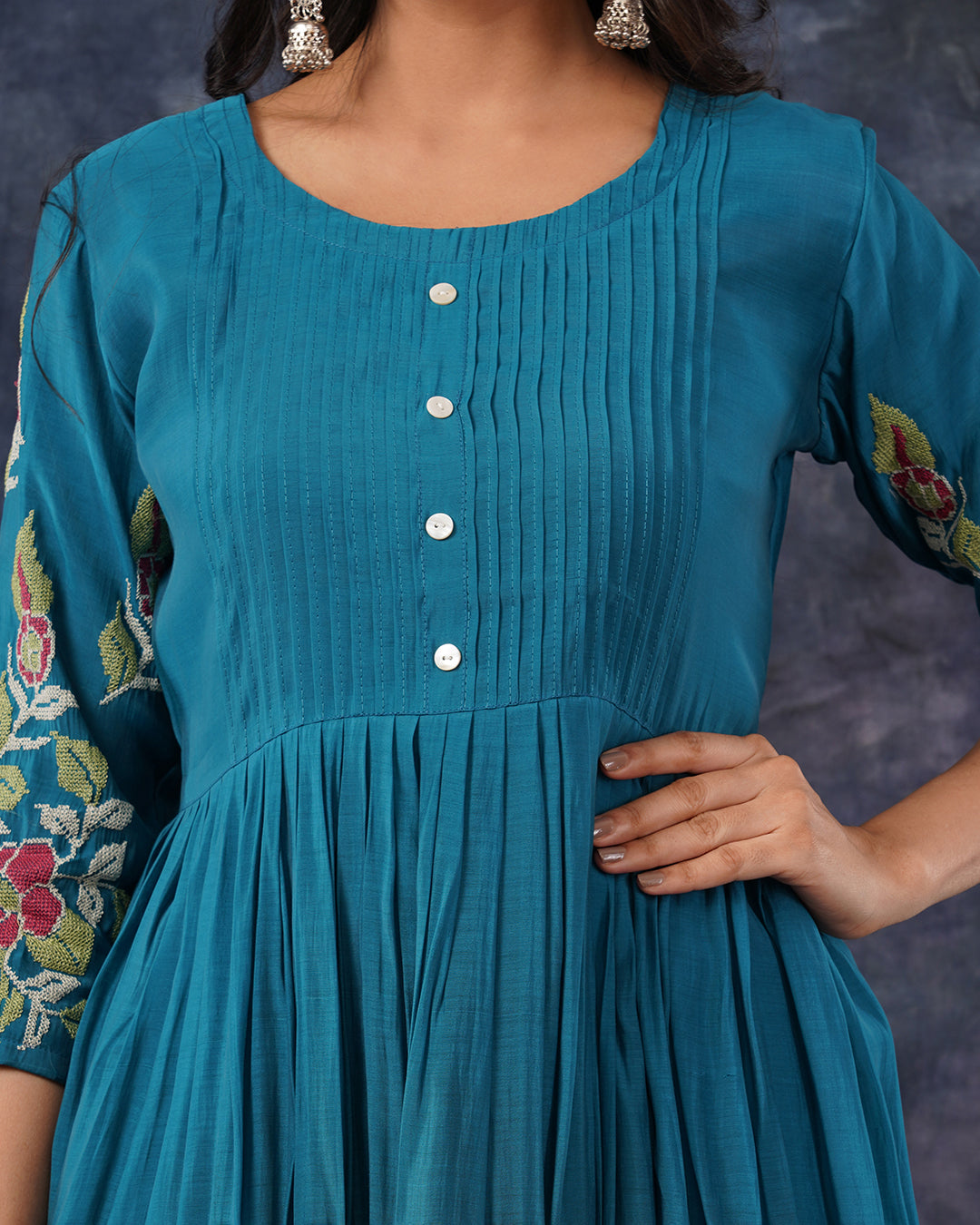 Teal Blue Embroidered 3-Piece Anarkali Suit Set