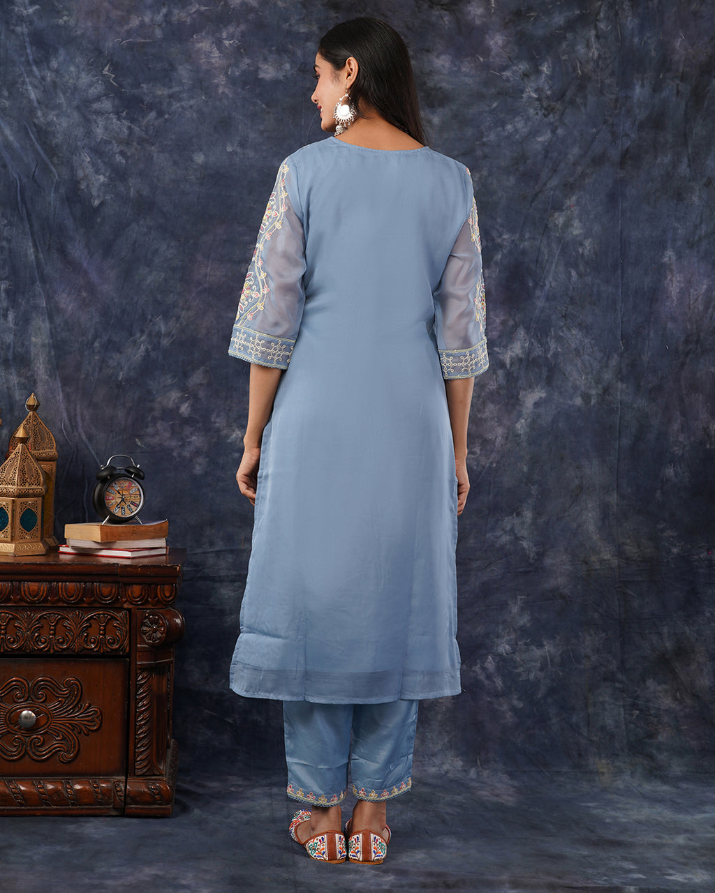 Organza Powder Blue Floral Embroidered 3-Piece Suit Set