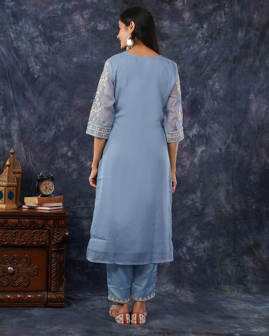 Organza Powder Blue Floral Embroidered 3-Piece Suit Set