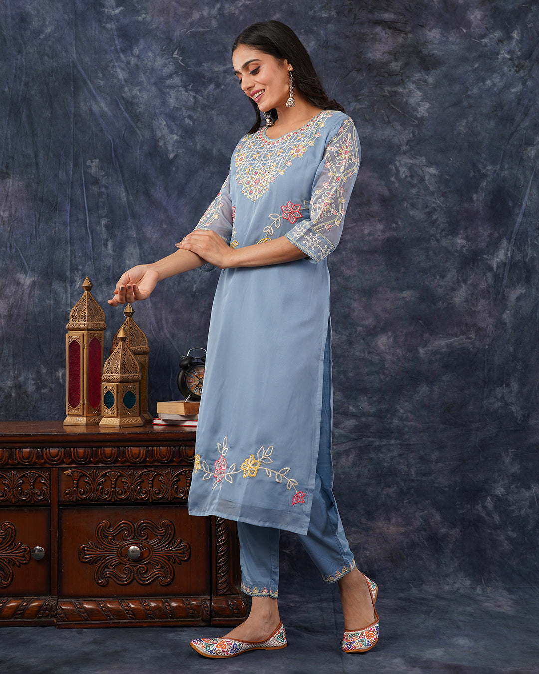 Organza Powder Blue Floral Embroidered 3-Piece Suit Set