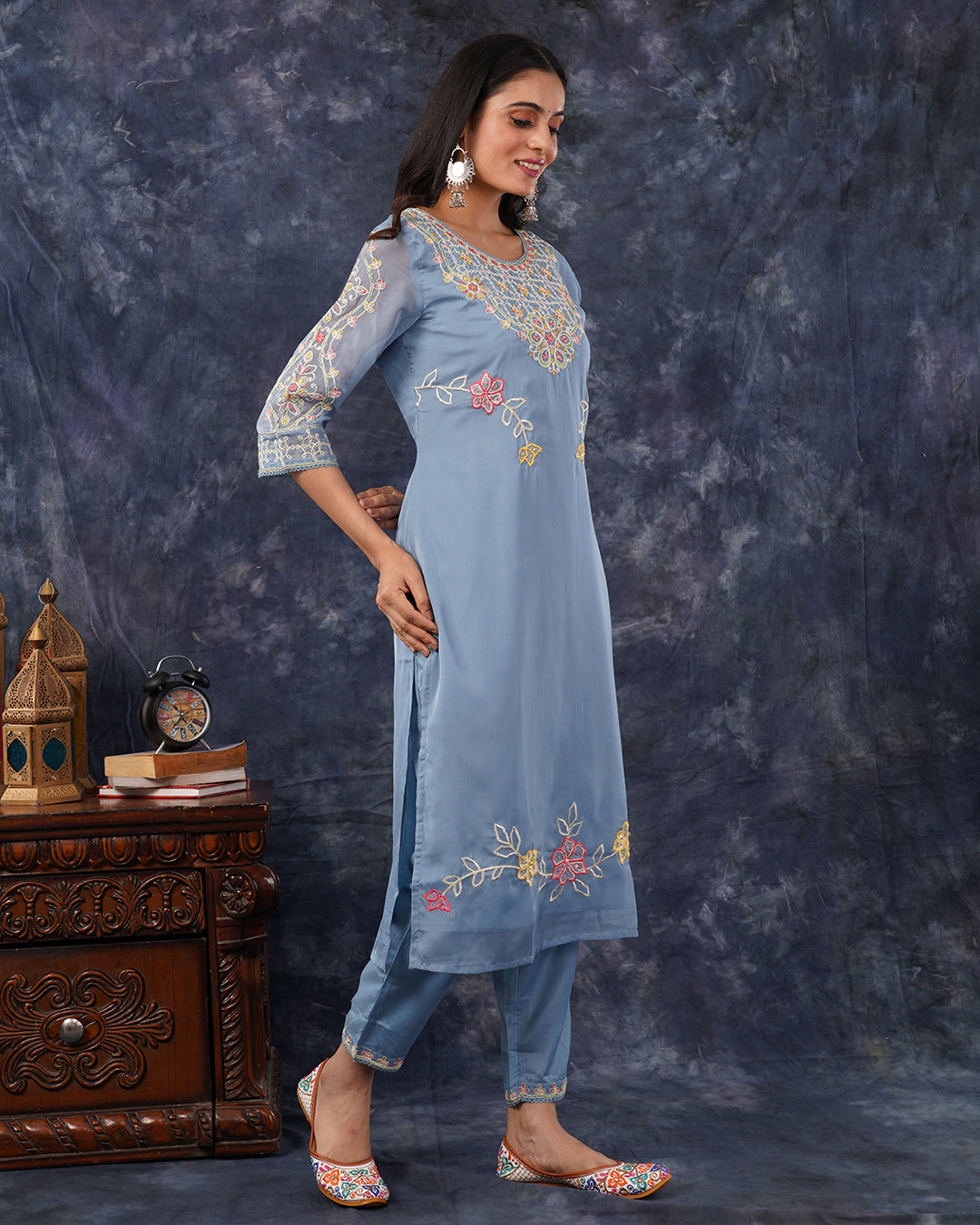 Organza Powder Blue Floral Embroidered 3-Piece Suit Set