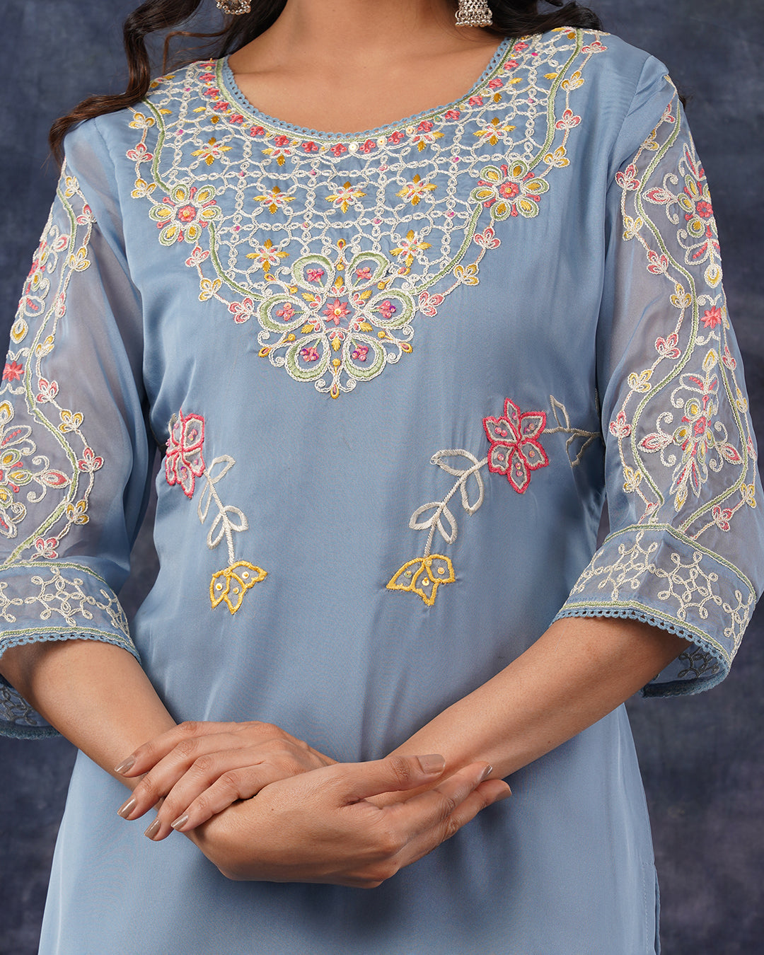 Organza Powder Blue Floral Embroidered 3-Piece Suit Set