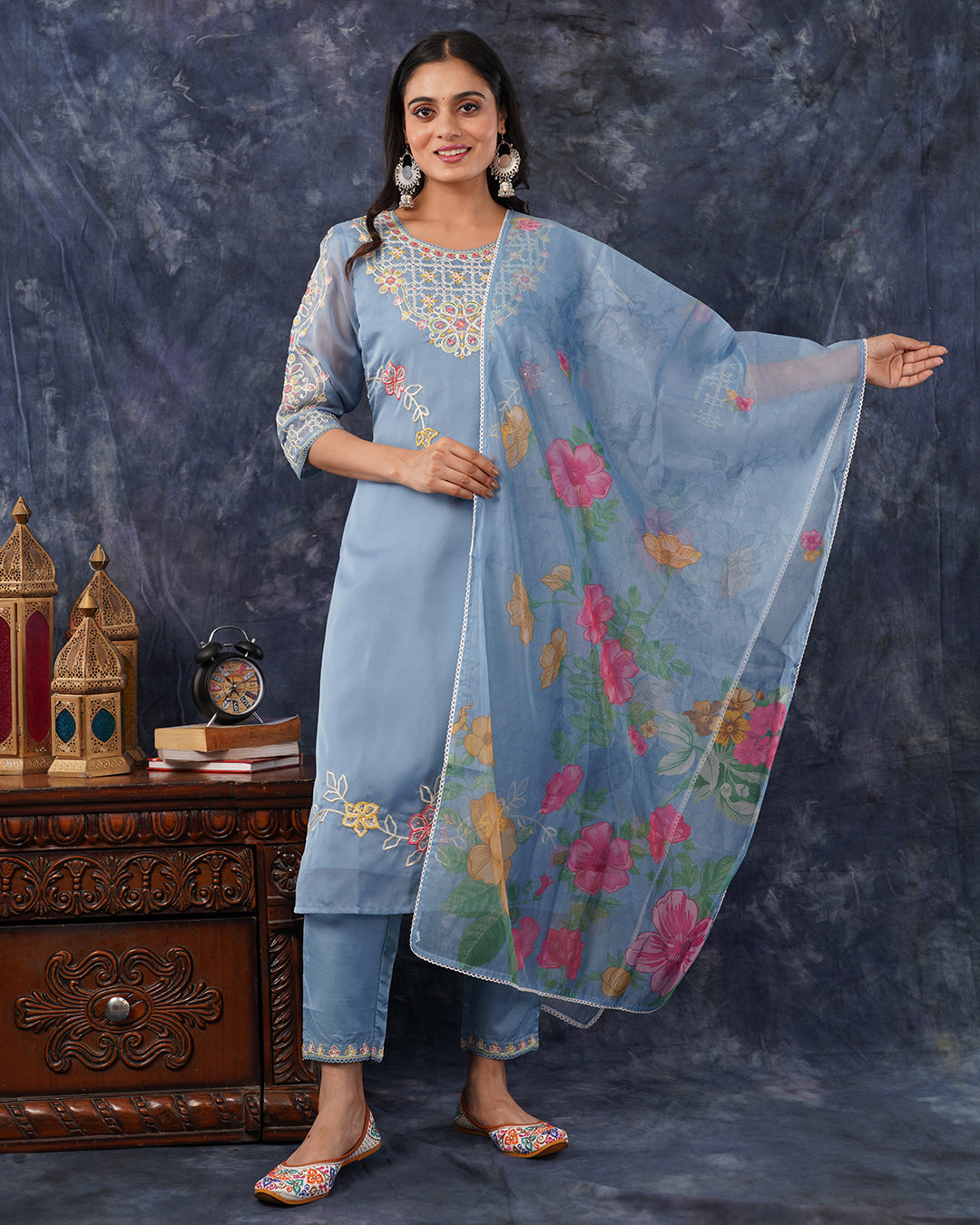 Organza Powder Blue Floral Embroidered 3-Piece Suit Set
