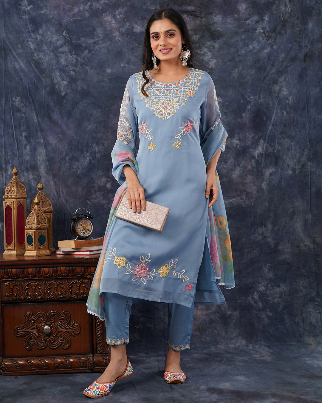 Organza Powder Blue Floral Embroidered 3-Piece Suit Set