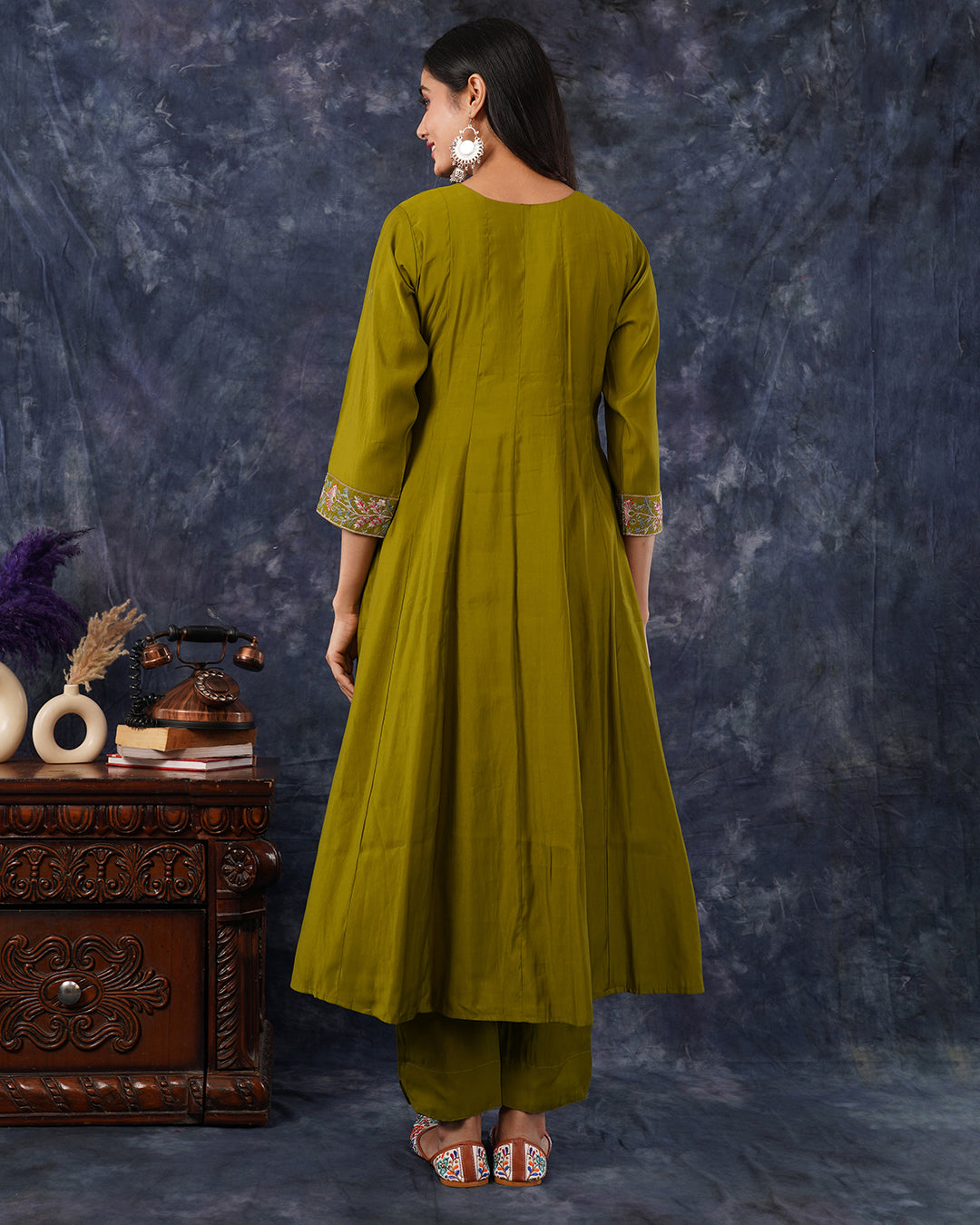 Olive Green Embroidered A-Line Kurta Set with Dupatta