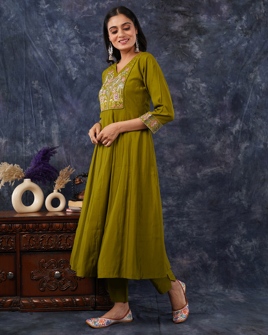 Olive Green Embroidered A-Line Kurta Set with Dupatta