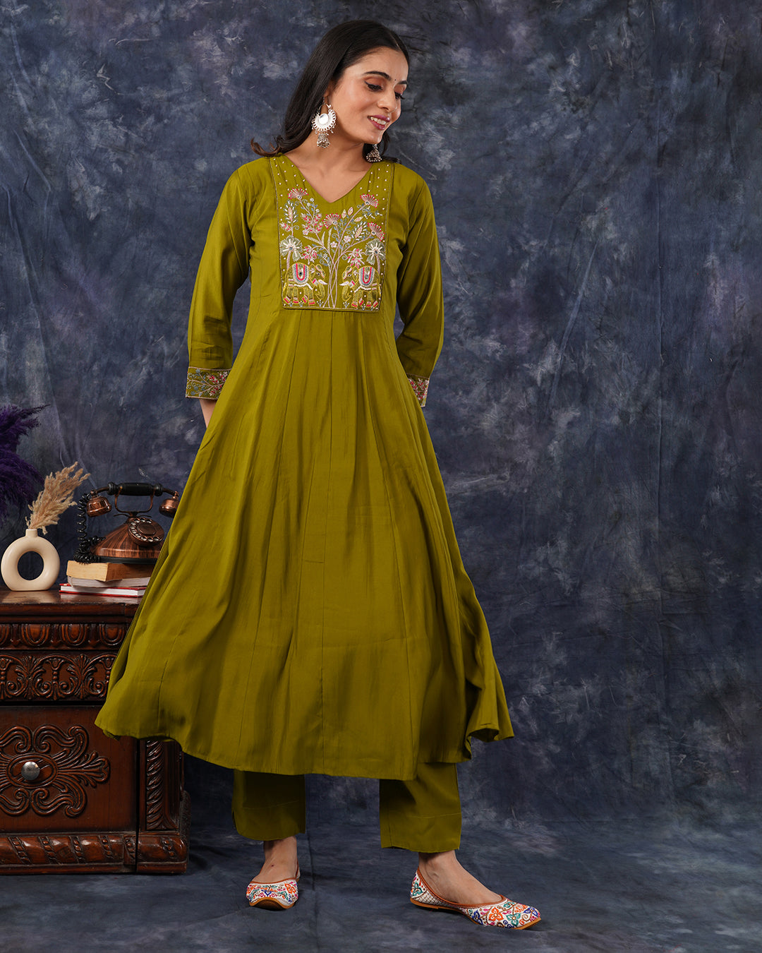 Olive Green Embroidered A-Line Kurta Set with Dupatta