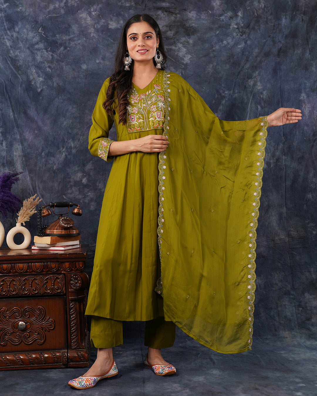 Olive Green Embroidered A-Line Kurta Set with Dupatta