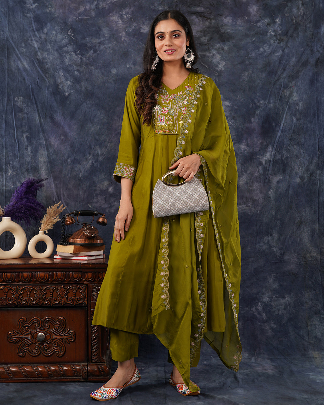 Olive Green Embroidered A-Line Kurta Set with Dupatta