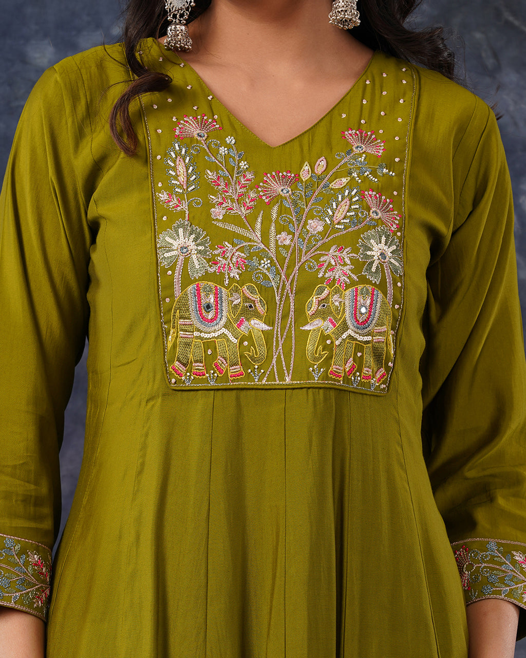 Olive Green Embroidered A-Line Kurta Set with Dupatta