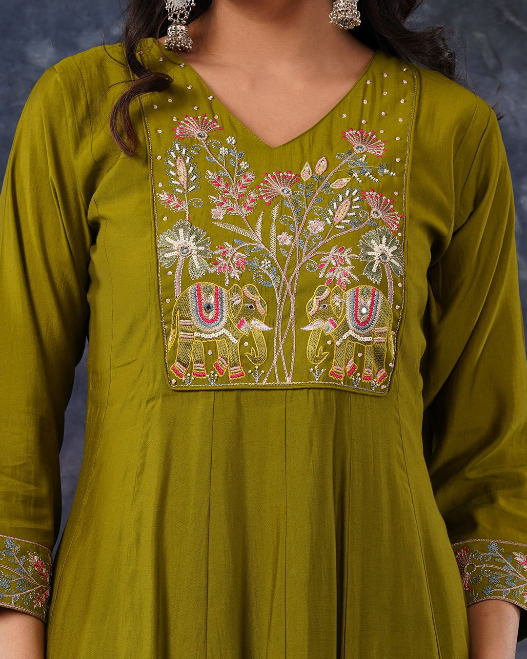 Olive Green Embroidered A-Line Kurta Set with Dupatta