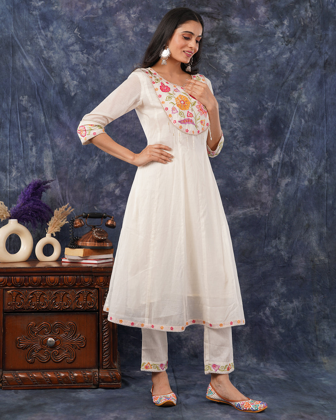 Elegant Off-White Floral Embroidered Kurta Set with Printed Orgaza Dupatta