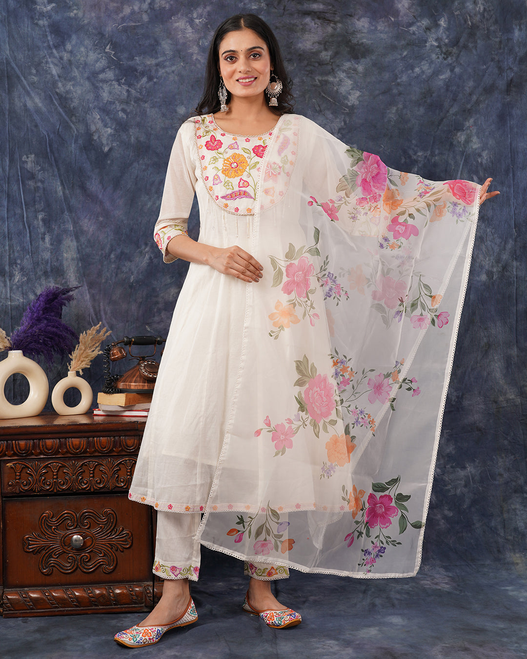 Elegant Off-White Floral Embroidered Kurta Set with Printed Orgaza Dupatta